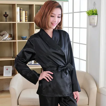 

Satin Silk Rayon Long Sleeve Tie Bow Belt Blouse Elastic Waist Pant Luxury Home Sleep Comfortable 2 Piece Shirt Trouser Pajama