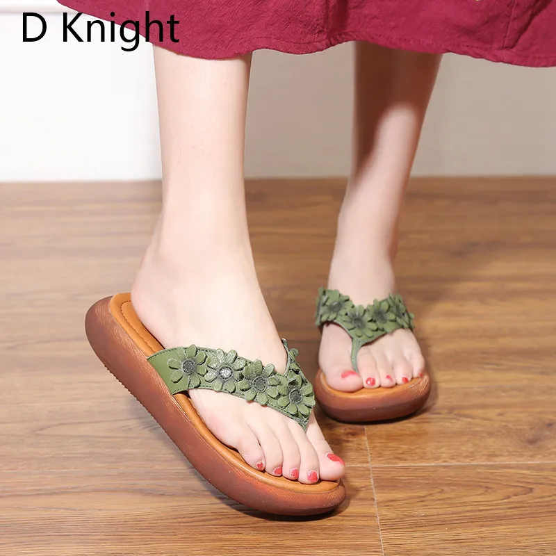 2018 Summer New Flip Flops Original Leather Sweet Flower Women Sandals Comfortable Slope Lady Flat Platform Shoes Ethnic Slipper (21)
