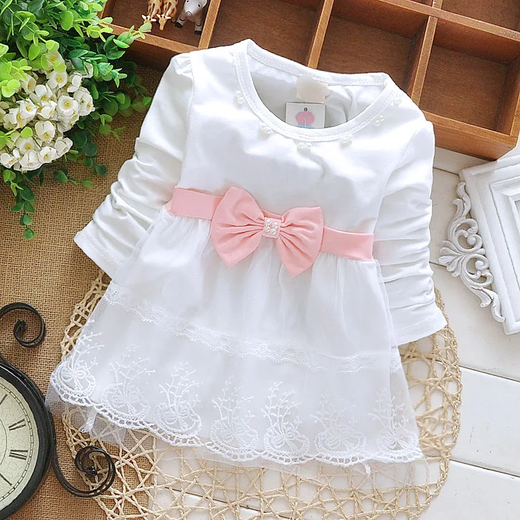 

New Fashion Baby Kids Girls Children Cotton Lace bow Pearls Mini Shirt Dress Long Sleeve Free Shipping