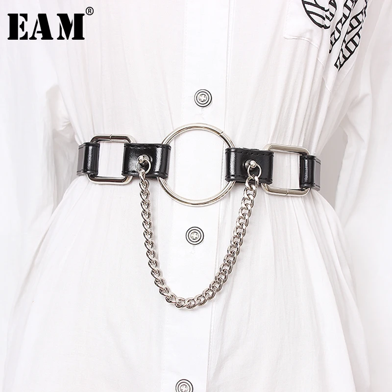 

[EAM] 2019 New Spring Summer Pu Leather Black Chain Split Joint Circle Split Joint Personality Women Fashion Tide All-match JX46