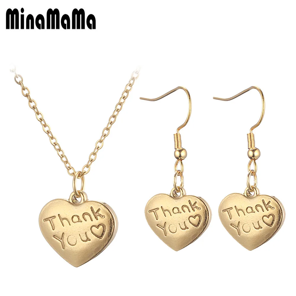 Love Heart Pendant Necklace Earings for Women Stainless Steel Thank you Necklace Earings Jewelry Sets