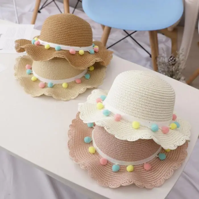 Lovely Hat Bag Set Wavy Straw Hats Colored Balls Cap Single Shoulder Bag for 2-8 years old girls Spring Summer Beach ZJ55