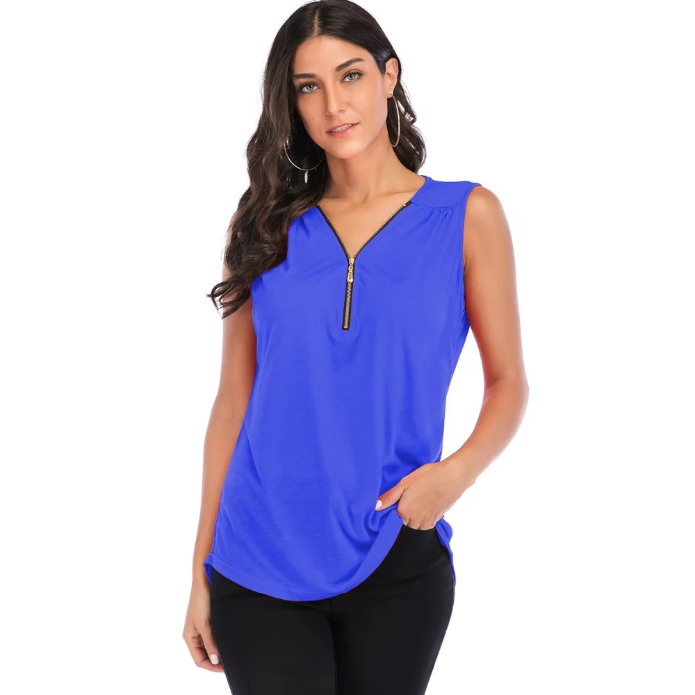 

2019 Spring Summer women clothing solid color casual Sleeveless v-neck T-shirt women tops plus size