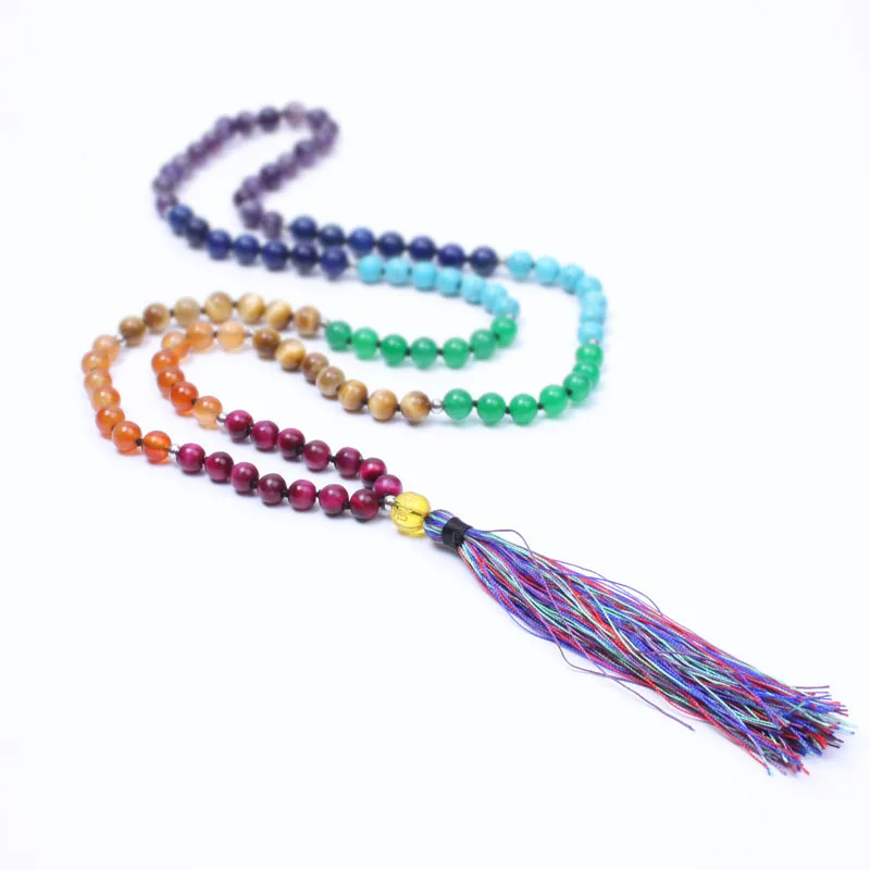 Cena Nowy 7 Chakra Mala yogi naszyjnik z kamienia naturalnego zroszony długi naszyjnik z frędzlem dla kobiet medytacja biżuteria naszyjnik maxi dropshipping