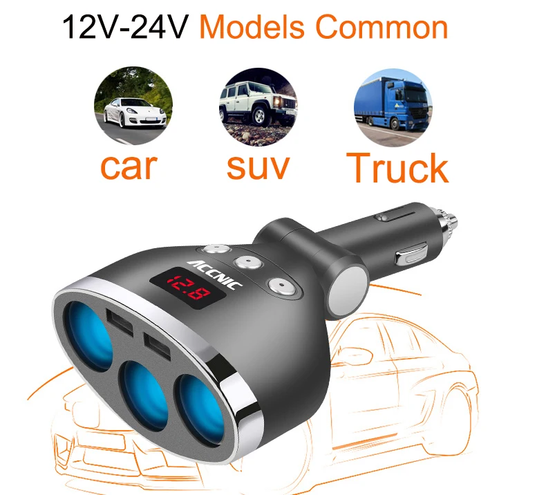 ACCNIC 5V 1A/2.4A двойной USB разветвитель автомобильного прикуривателя адаптер 120W СВЕТОДИОДНЫЙ монитор напряжения Авто Автомобильный USB переходник