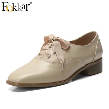 

Eokkar 2019 Square Toe Casual Shoes Riband Women Pumps Cow+PU Leather Low Heels Black Lace-Up Women Shoes Shallow Size 34-39