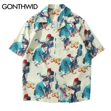 GONTHWID Vintage pintura impresión camisas verano moda Casual Hawaii playa Aloha fiesta camisa Streetwear hombres camisetas de manga corta