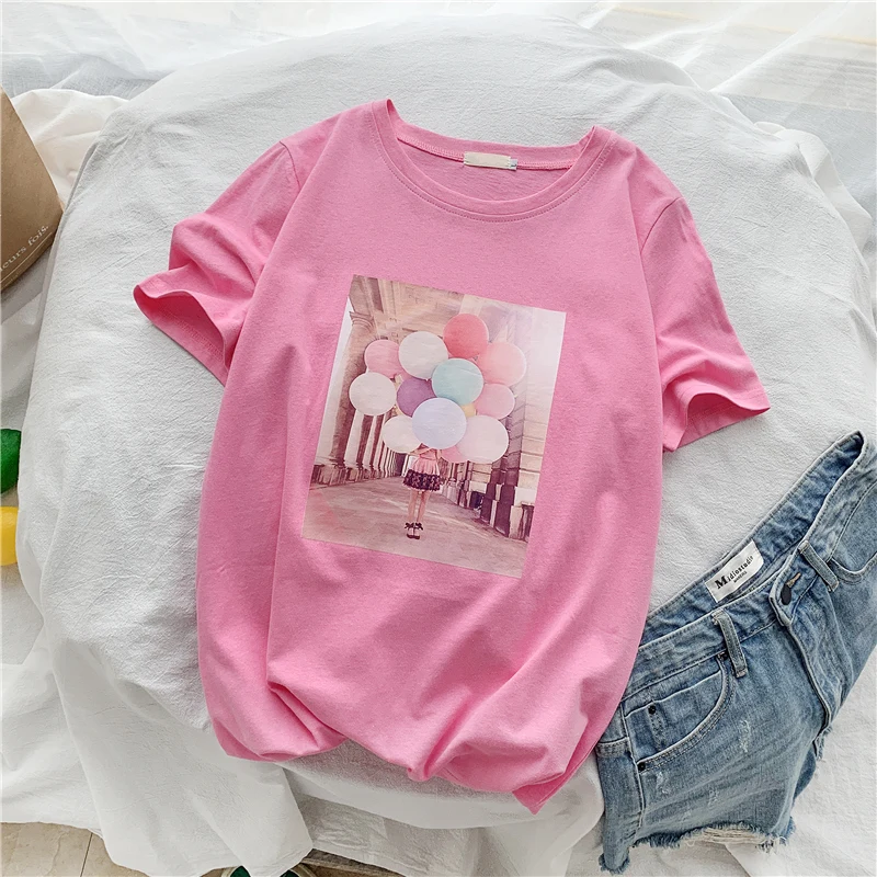 تي شيرت المرأة الصيف شيك س الرقبة الإناث الملابس الترفيه أعلى إمرأة بسيطة المطبوعة Kawaii فضفاض الكورية نمط قصيرة الأكمام تيز