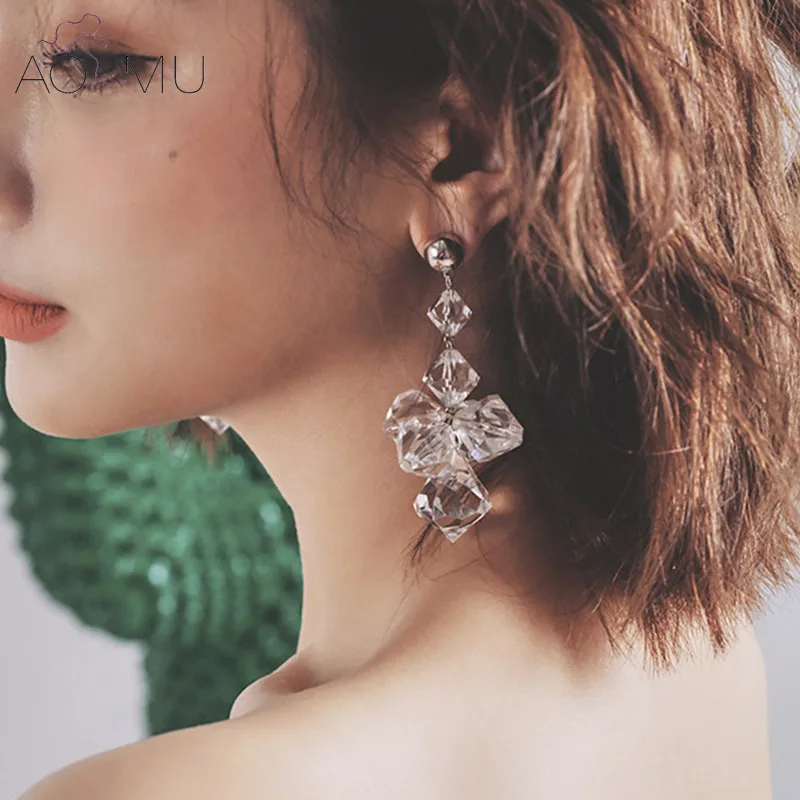 

AOMU New Transparent Cross Tassel Long Earrings Exaggerate Geometric Rhinestone Joker Pendientes Earrings For Women Brincos