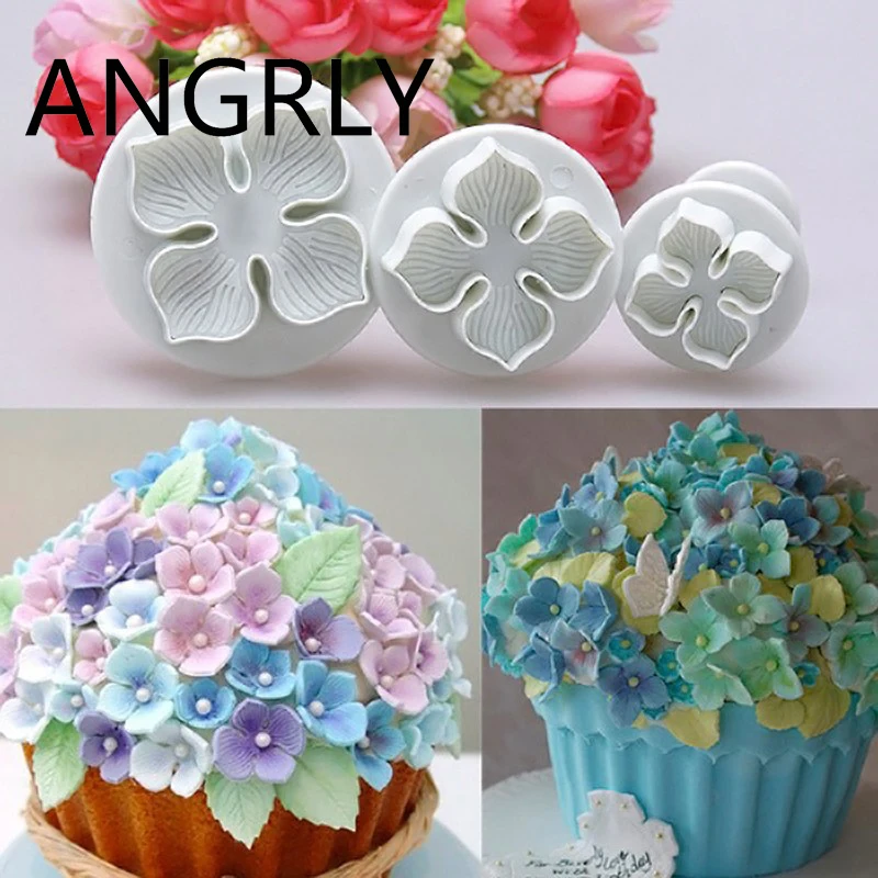 

ANGRLY 3Pcs/Set Hydrangea Fondant Cake Decorating SugarCraft Plunger Cutter Flower Mold Cake Mold silicone mold makeup