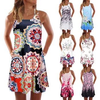 

Vintage Boho Sexy Plus Size Women Summer Floral Printed Sleeveless Beach Printed Short Maxi Casual Vintage Short Dress