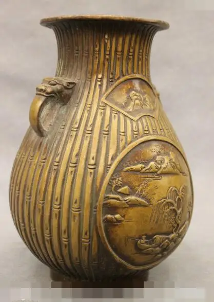 

S1494 7" Chinese Feng Shui Bronze Lion Head Landscape Statue Flower Vase Bottle Pot discount 30% (C0324)