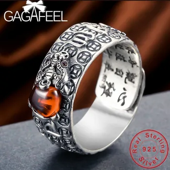 

GAGAFEEL Red Stone 100% 925 Pure Sterling Silver Rings Lucky Adjustable Jewelry for Men Women Christmas Gift