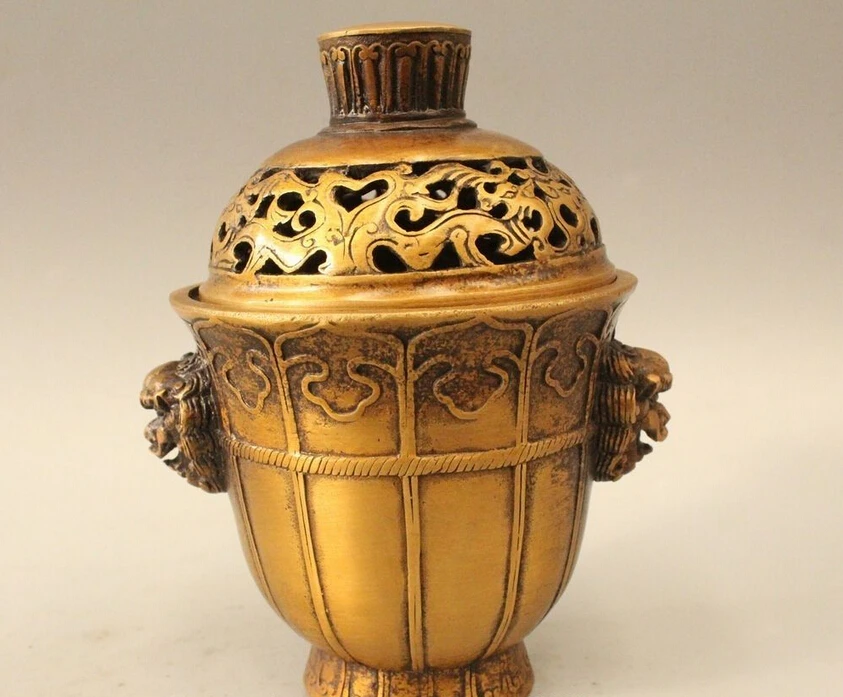 

6"Chinese Dyansty Palace Bronze Lion Foo Dog Incense Burner Censer Statue