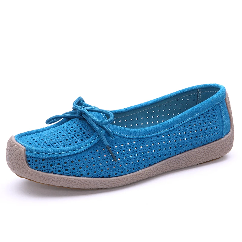 SUNROLAN Summer Suede Women Loafers Lace up Nubuck Genuine Leather Driving Shoes Cutout