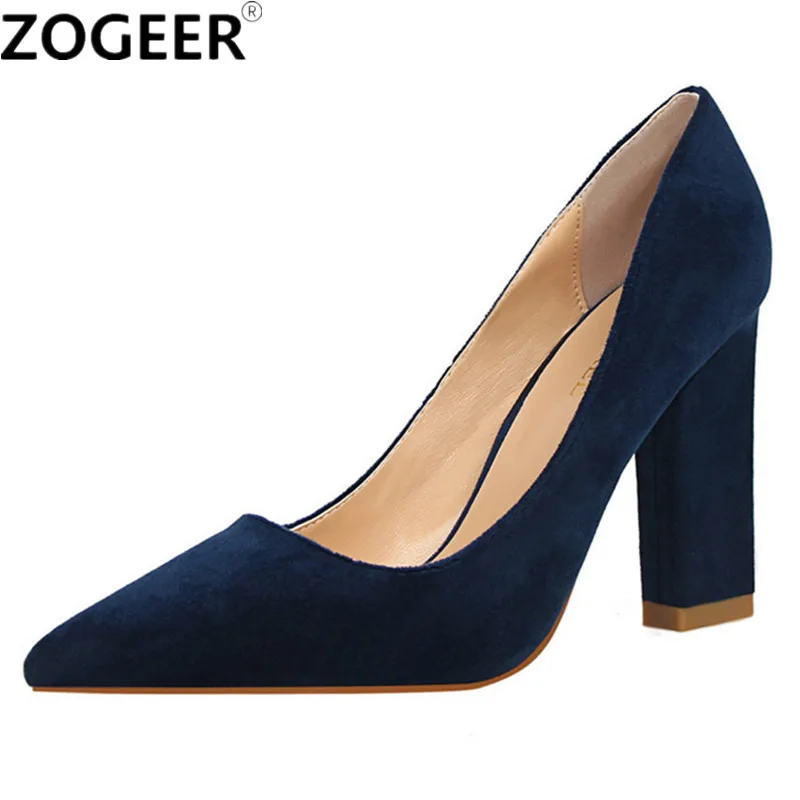 

8 Colors Casual Women Pumps New Fashion Elegant Pointed Toe Thick High Heels Shoes Woman Flock Red Pink Wedding Shoes