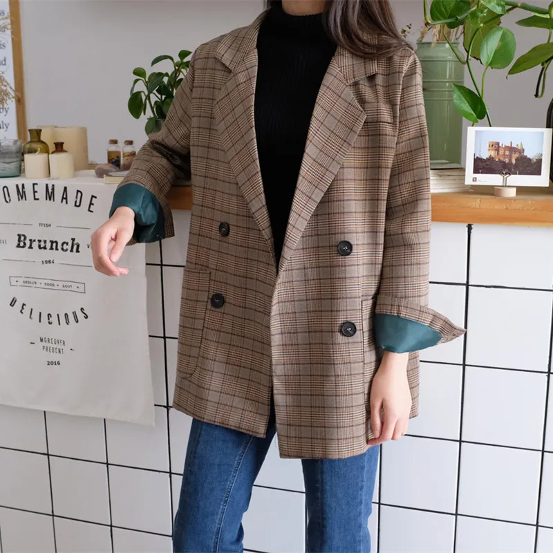 

Spring autumn British style loose Plaid Suits brown color casual plaid small suit jacket female plaid suit Coat Women Blazer