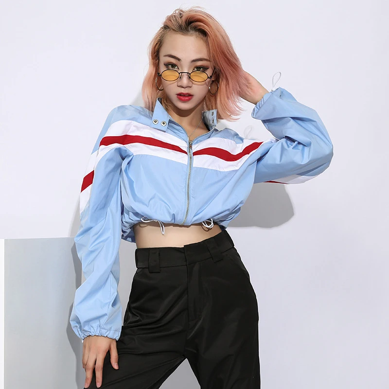 Women Cropped Stand Collar Jacket Fashion Patchwork Long Sleeve