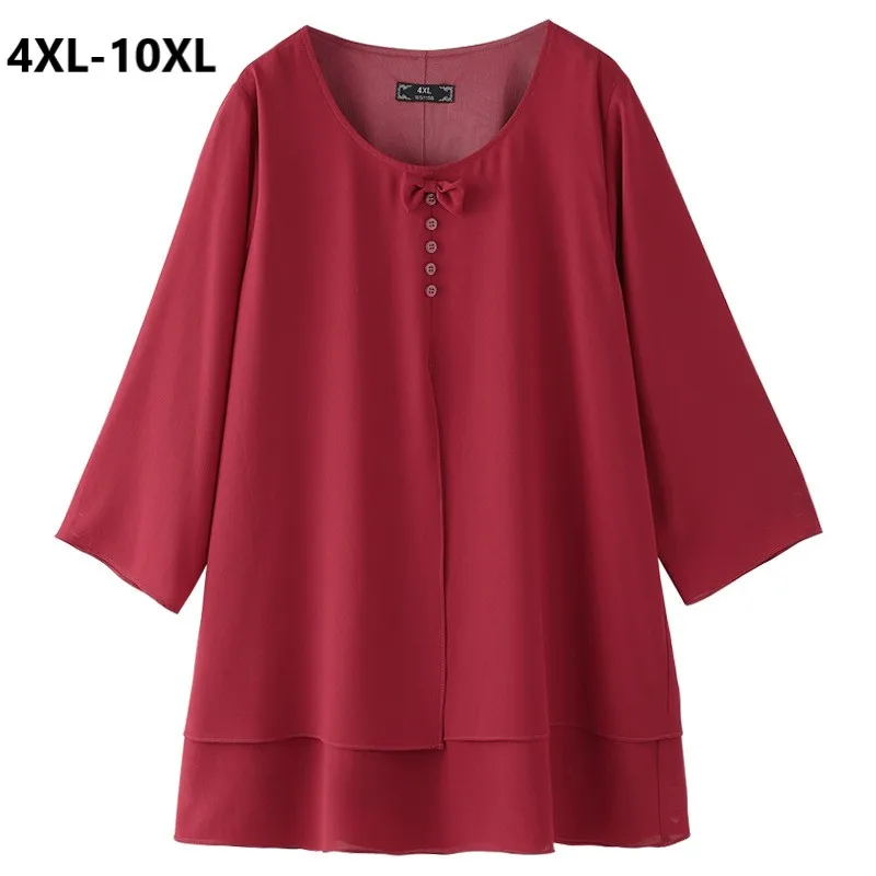 

Women Spring Summer 3/4 Sleeves Shirt Elegant Bow Tie Chiffon Tops Loose Big Tee Shirts Plus Size 10XL 8XL 6XL Tshirts Femininas