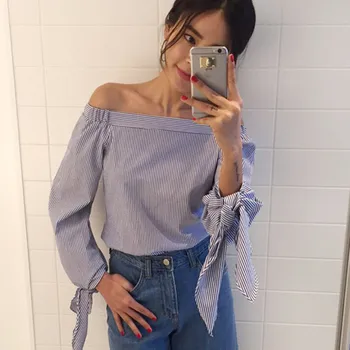 2017 Plus Size Women Sexy Blouses Slash Neck Off Shoulder Bow Long Sleeve Casual Tops Shirts Blue White Striped Party Blusas