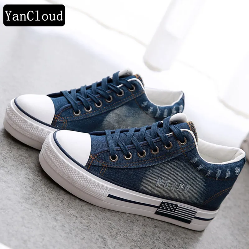 Vintage Distressed Water Wash Denim Shoes Girls 2018