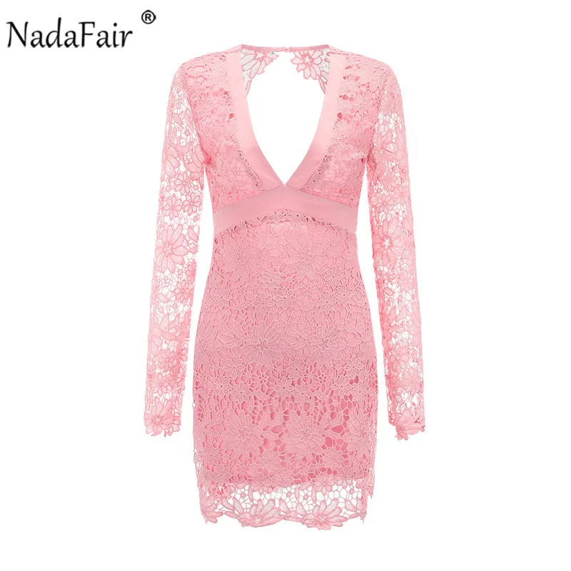 Black Pink Backless Deep V neck Sexy Lace Dress 2016 New Fashion Embroidery Hollow Out Long Sleeve Elegant Women Party Dresses Black Pink Backless Deep V neck Sexy Lace Dress 2016 New Fashion Embroidery Hollow Out Long Sleeve Elegant Women Party Dresses
