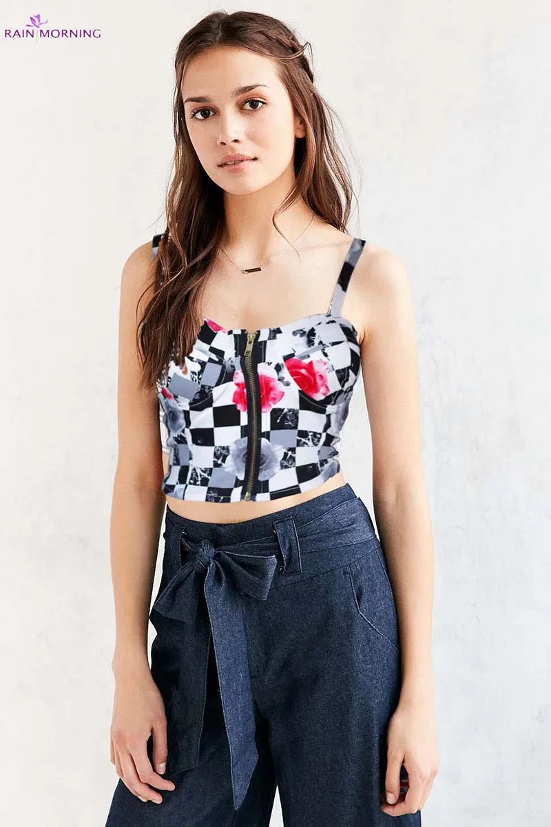 bustier crop top women 2016 vintage Floral Padded Bra Plaid Bustier