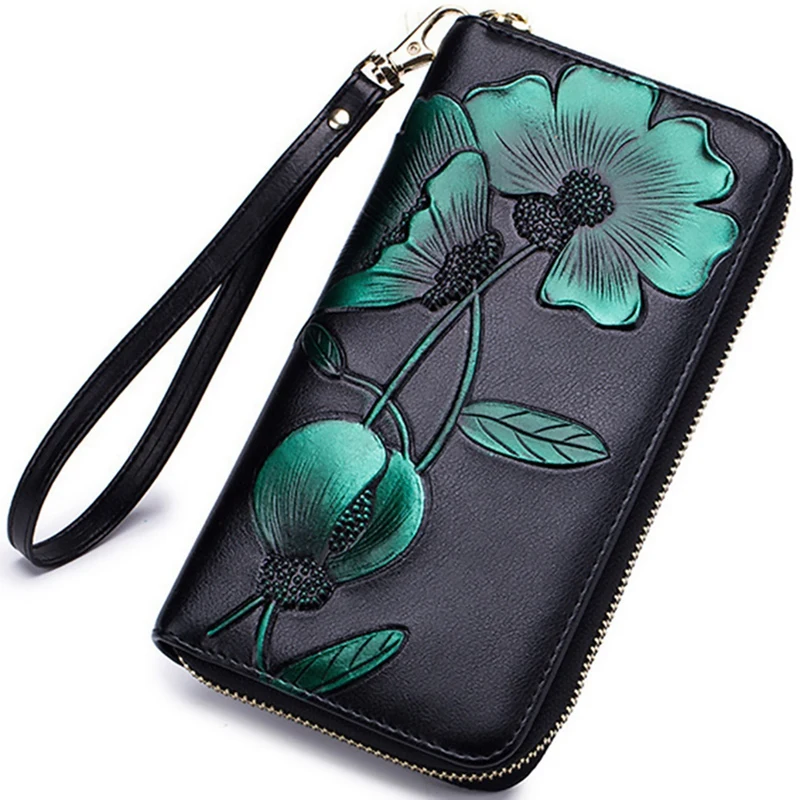 

NEW-Women'S Elegant Floral Leather Wallet Fashion Long Ladies Clutch Bag Multi-Function Coin Purse Green