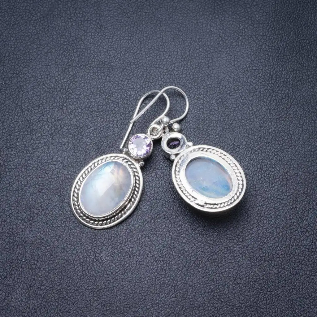 

Natural Rainbow Moonstone and Amethyst Handmade Unique 925 Sterling Silver Earrings 1.5" Y2966