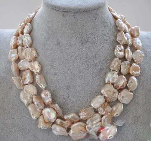 

free shupping 08148 3row 20mm pink baroque keshi reborn pearl necklace mabe clasp AAA