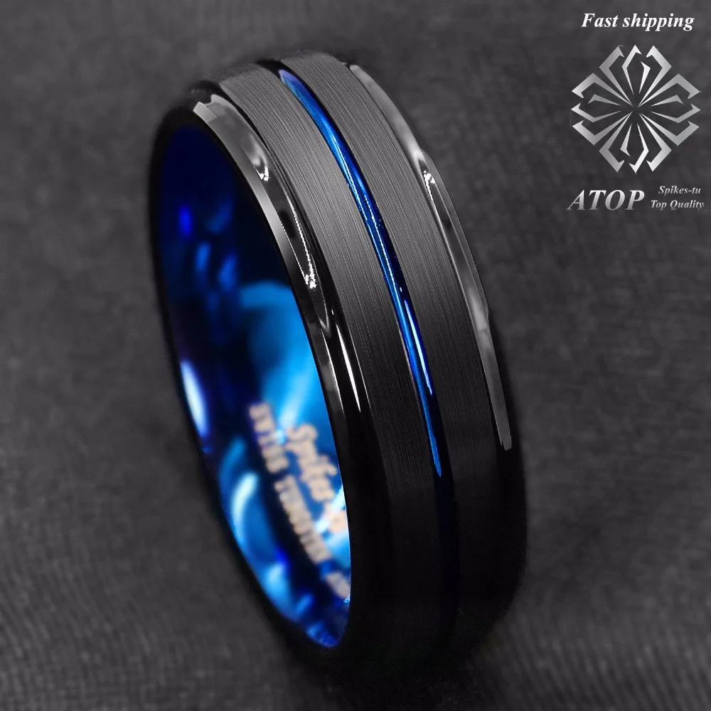 8MM Black Brushed Ladder Edge Tungsten Ring BLue Stripe ATOP Mens Wedding Band