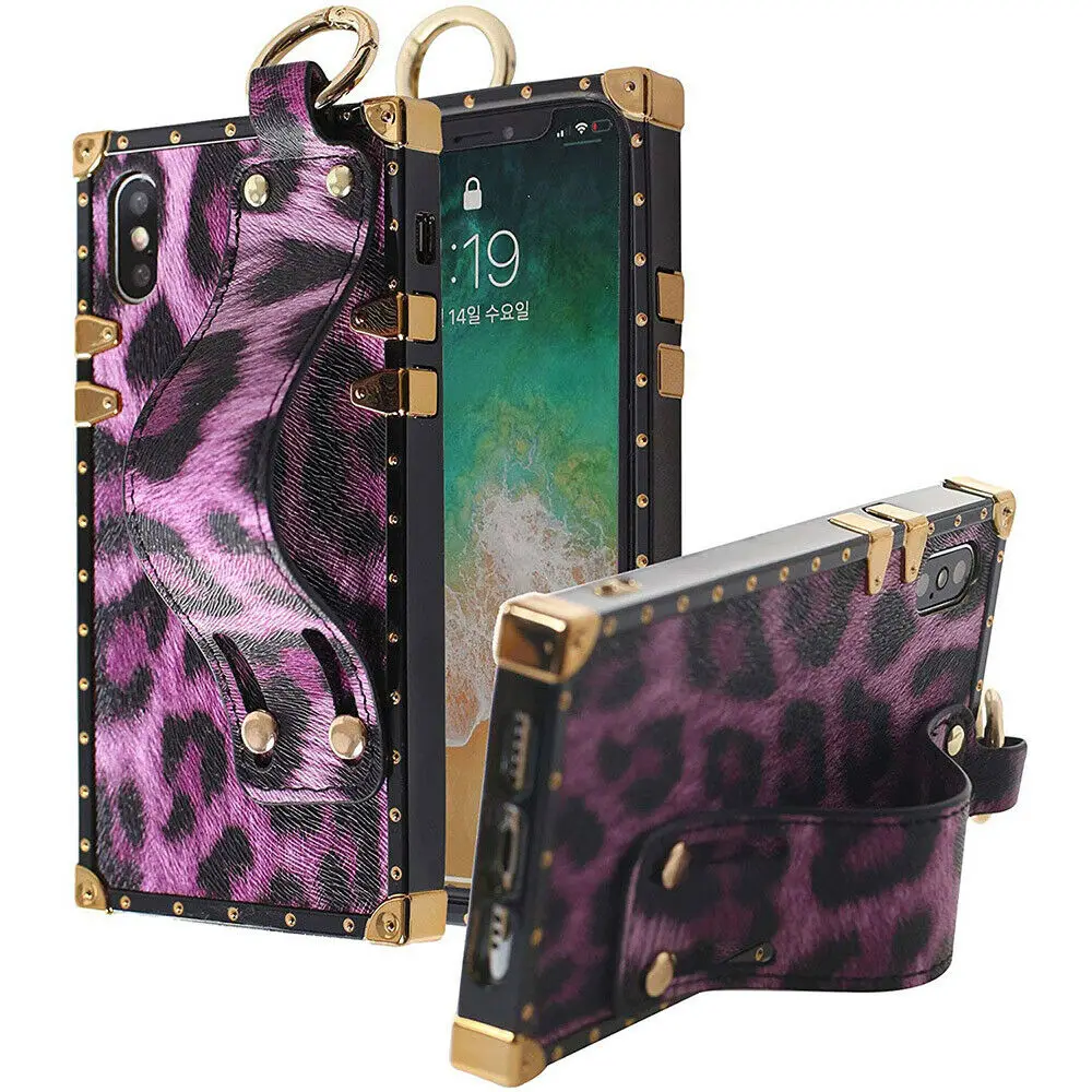 Leopard Purple Роскошный квадратный чехол для багажника, милый чехол с ремешком на руку, подставка, держатель для телефона, чехол s для iPhone X XS Max XR 7 8 6 6s Plus - Цвет: Leopard Purple
