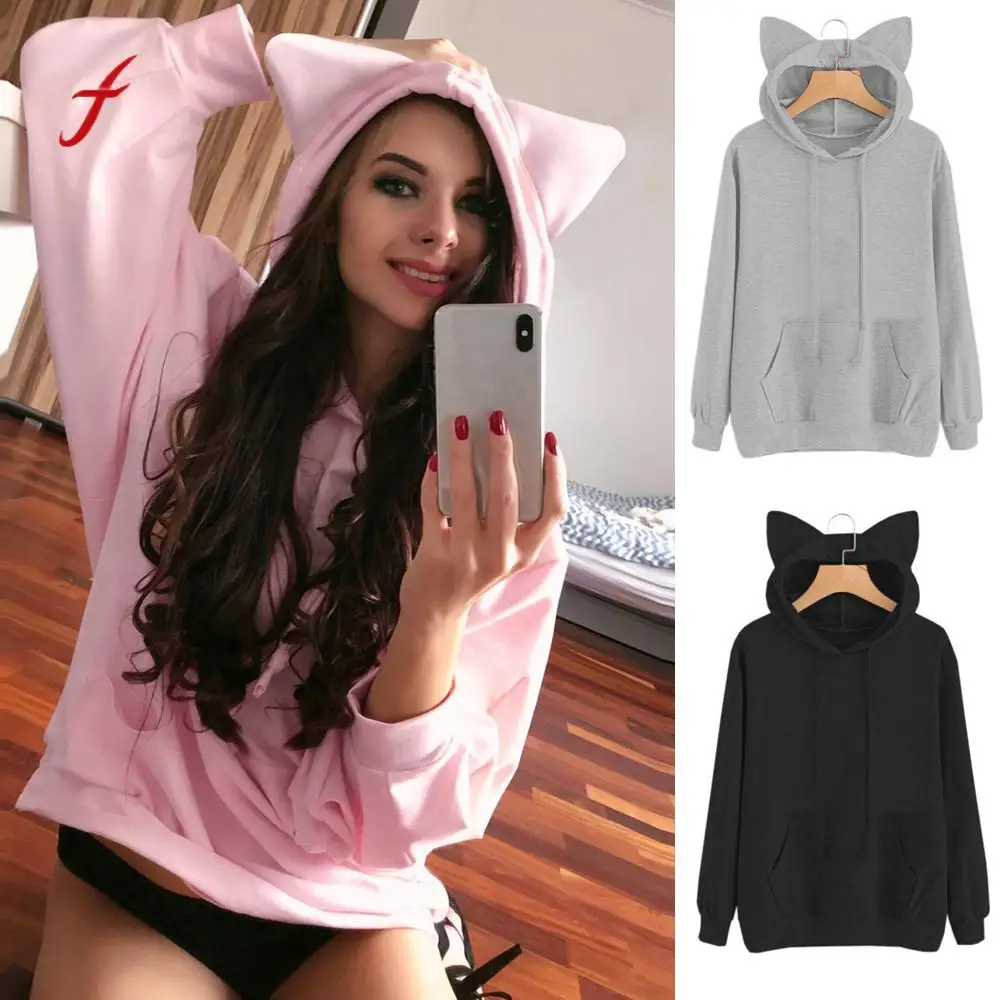 Harajuku Women Hoodies Sweatshirt Kawaii Pink Winter Cat Pattern Long