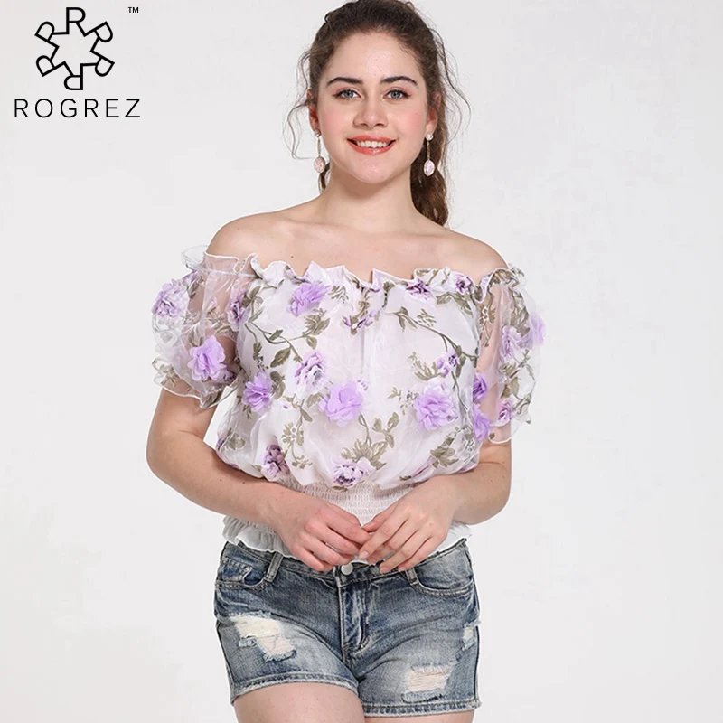 

ROGREZ Purple Casual Floral Printed Sexy Slash Neck Short Sleeve TShirt Women Slim Chiffon Crop Tops Spring Summer 2019