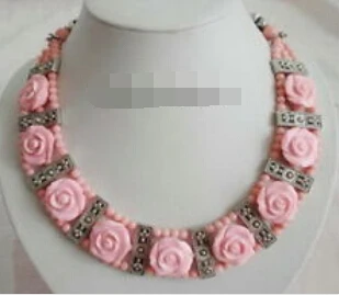

huij 003929 3 Rows Pink Coral Beads Flowers Tibetan Silver Pendant Necklace