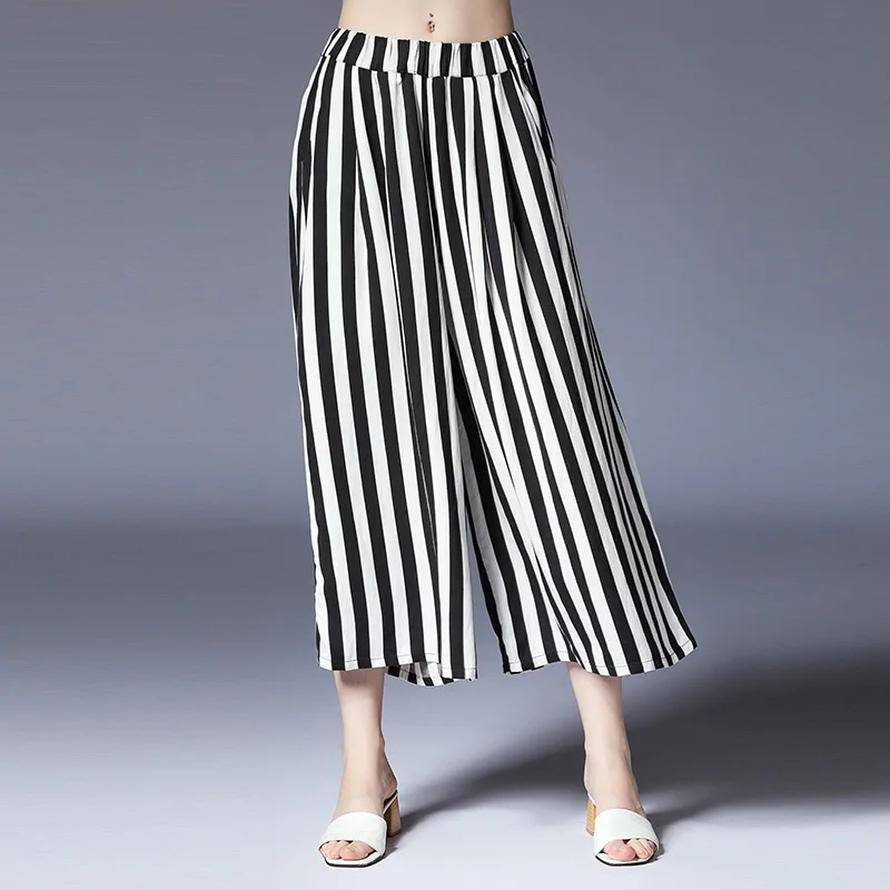 

Women Plus size casual Wide Leg Pants loose Striped trousers Large size ladies' fashion Ankle-length pants Elastic waist summer