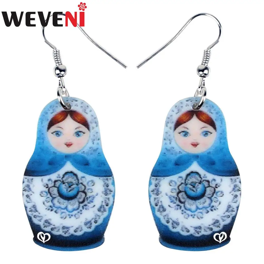 

WEVENI Acrylic Sweet Russian Doll Chinese Style Printing Earrings Dangle Drop Vintage Jewelry For Women Girls Gift Decoration