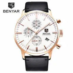 Модные Часы Для мужчин хронографа спорта дайв 30 м Пояса из натуральной кожи кварцевые часы Элитный бренд benyar Relogio Masculino