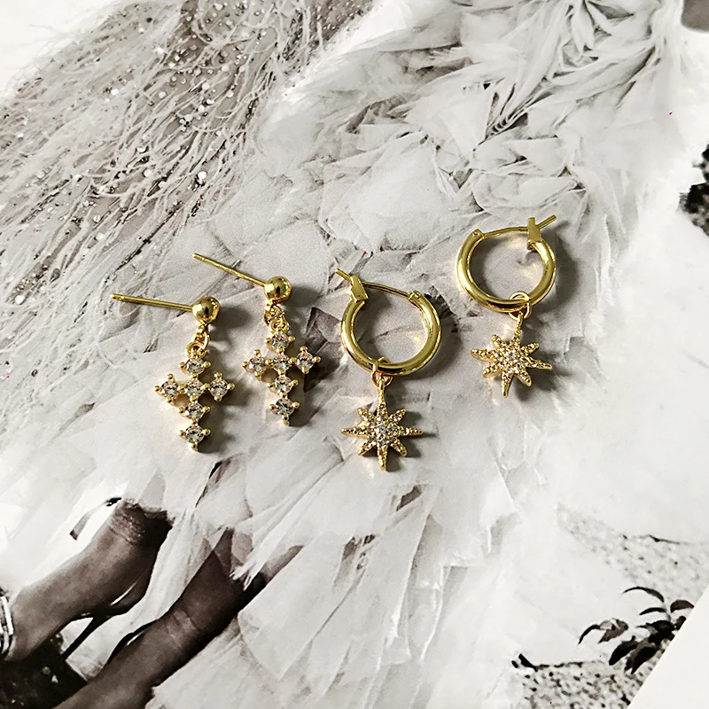 GHIDBK, золотые серьги-кольца Huggie с восьмиконечной звездой, женские серьги с религиозным крестом, кубическим цирконием, Маленькие Геометрические серьги-кольца