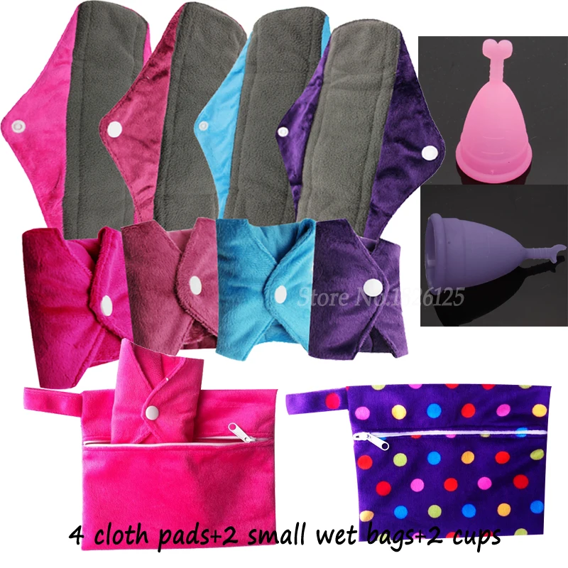

4 PCS Bamboo Charcoal Sanitary Pads Reusable Mama Cloth Menstrual Pad 2 Menstrual Cups With 2 Small Wet Bag