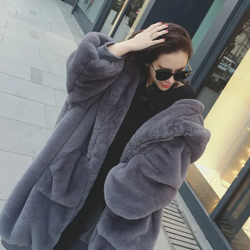 Новинка, зимнее женское пальто из искусственного меха, большие размеры, высокое качество, кроличий мех, женские толстые теплые длинные парки с капюшоном, свободная верхняя одежда, LY479 - Цвет: gray