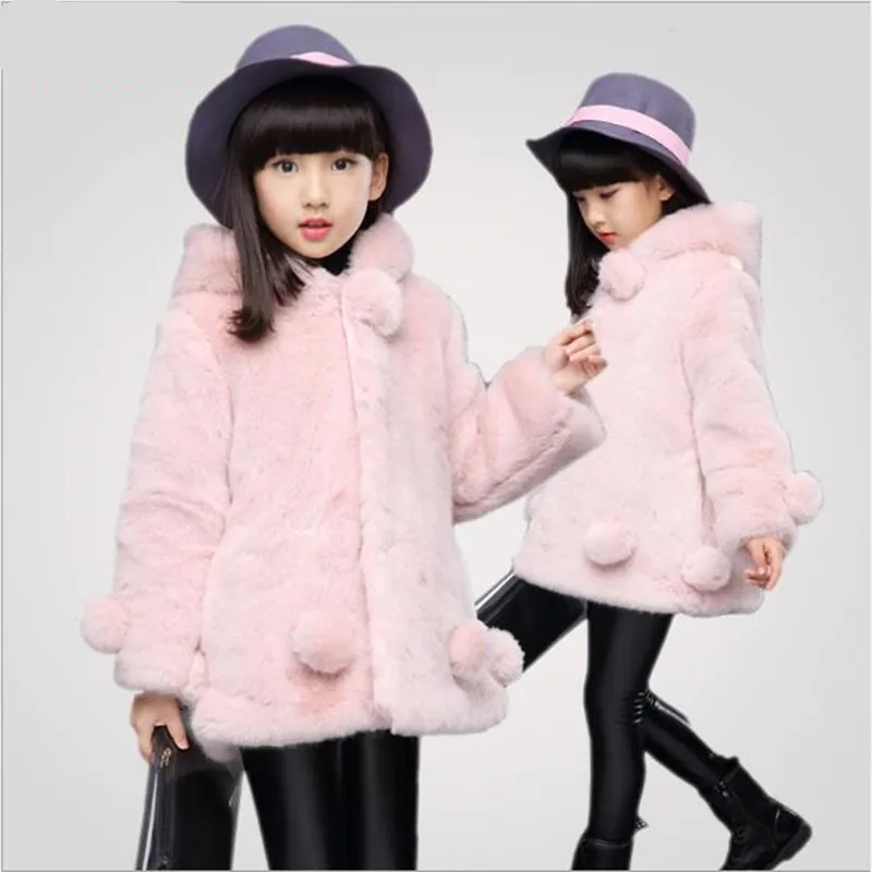 2018 Girls Thick Fake Fur Warm Jacket Imitation Rabbit Hair Outwear Children Faux Coat Teenage Hooded Overcoat QV126 | Детская одежда и