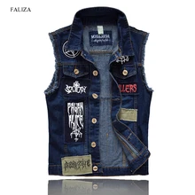 FALIZA 2018 Men's Patches Design Jeans Vest Ripped Denim Waistcoat Men Denim Vest Man Sleeveless Jeans Vest Frayed MJ-101
