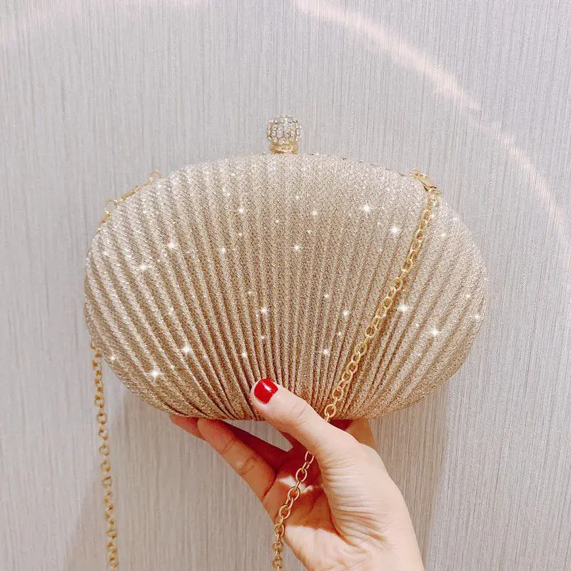 

Evening Clutch Bag Women Wedding Shiny Handbags Bridal Pleated Purse Bags Chain Shoulder Bag