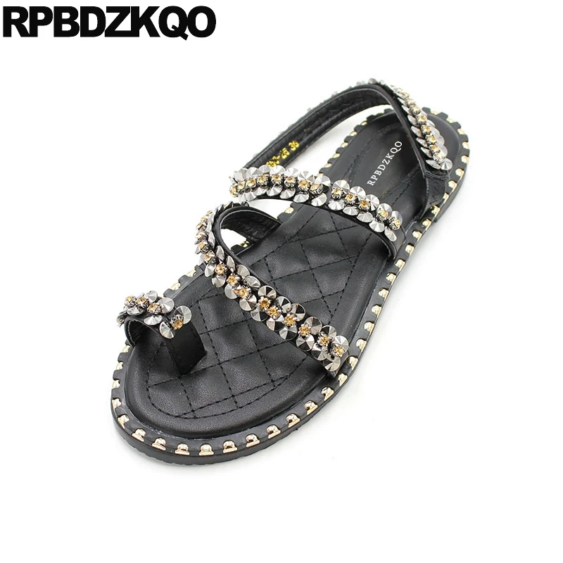 Strap Jewel Toe Ring Stud Nice Diamond Rivet Soft Black Designer Shoes Rhinestone Crystal Strappy Women Sandals Flat Summer 2018