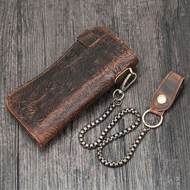 Luufan Men's Leather Long Wallet With 3D Embossing Key Chain Wallet With Iron Chain 100% Genuine Leather Wallet For Cards 2