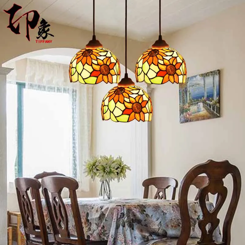 

Tiffany European Pendant Light Sunflower Iron Stained Glass Restaurant Lamp Glass Scandinavian luminaire suspendu