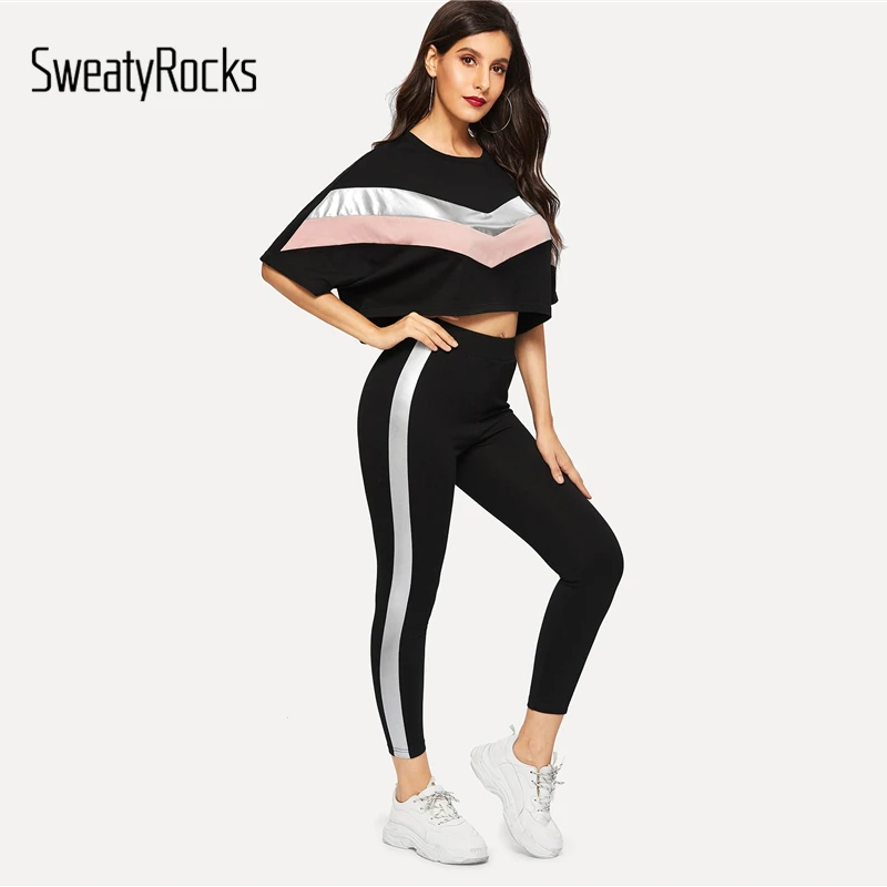 SweatyRocks Colorblock летучая мышь укороченный топ и контрастная панель брюки для девочек комплект повседневное Athleisure комплект из двух предметов для женщи