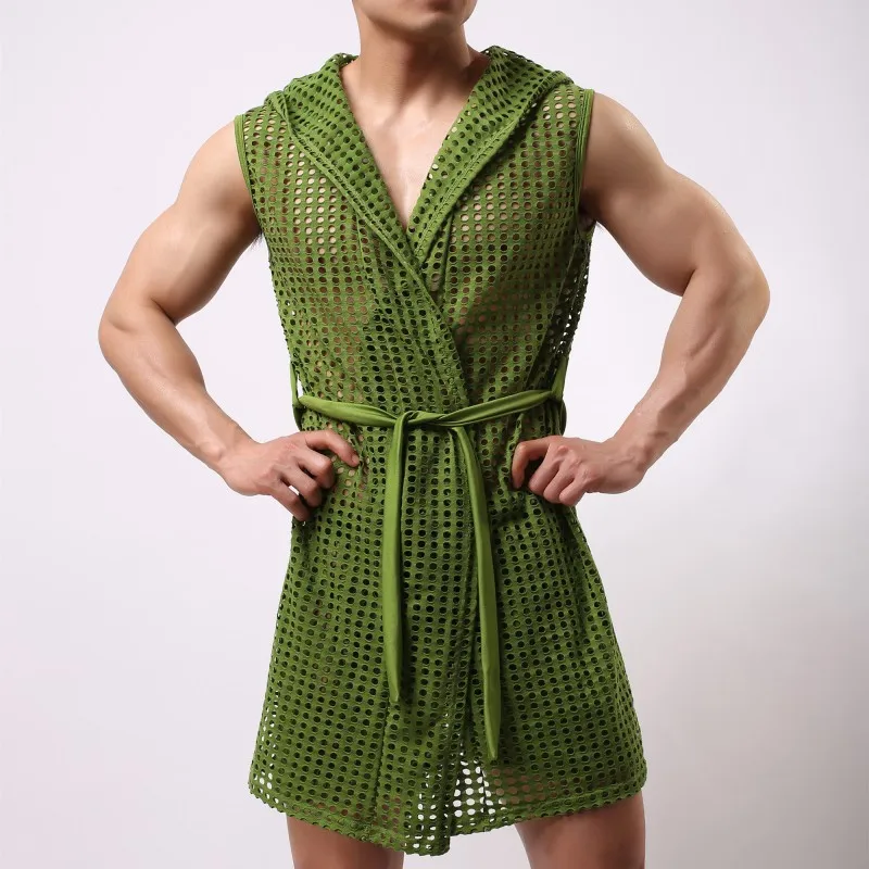 Для мужчин; халаты кимоно дома Повседневное пижамы полый сетей сексуальное Для мужчин; банный халат Мантия с капюшоном pijama Для мужчин homme