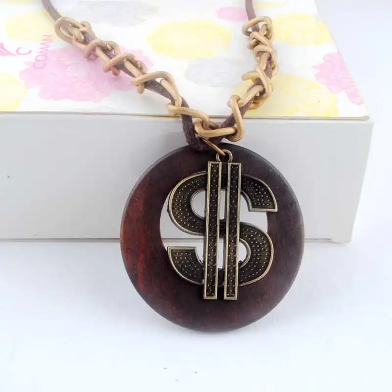 Antique Vintage Long Rope Chain Necklace font b Wooden b font Alloy US Dollars font b